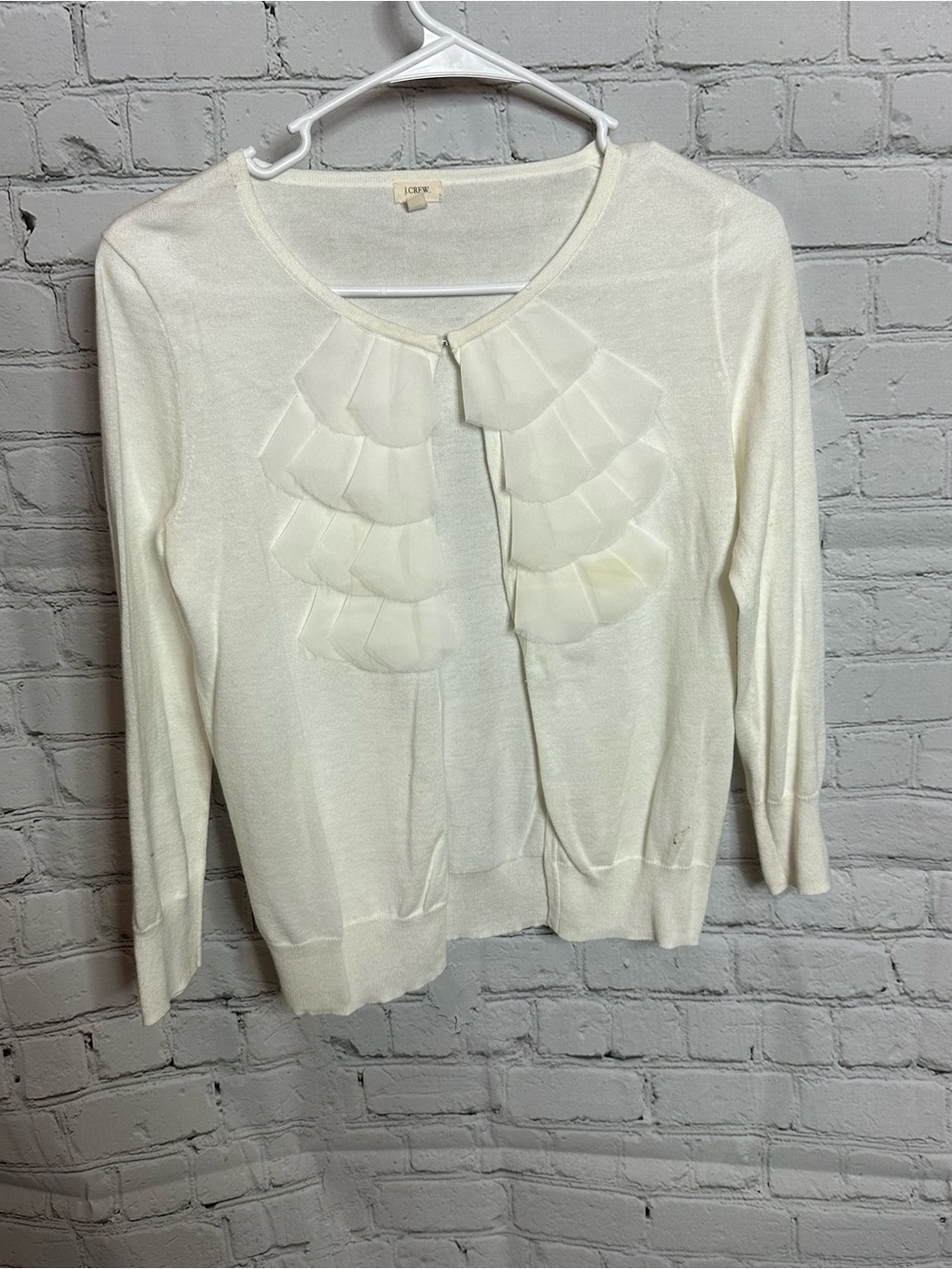 J. Crew Cream Ruffle-Front Cardigan Sweater